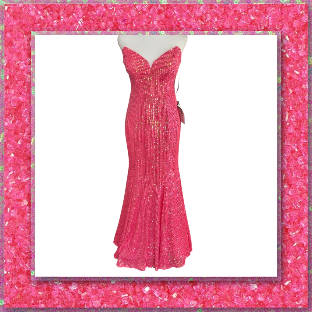 R&M Richards Nightway Neon Pink Sequined Strapless Evening Gown